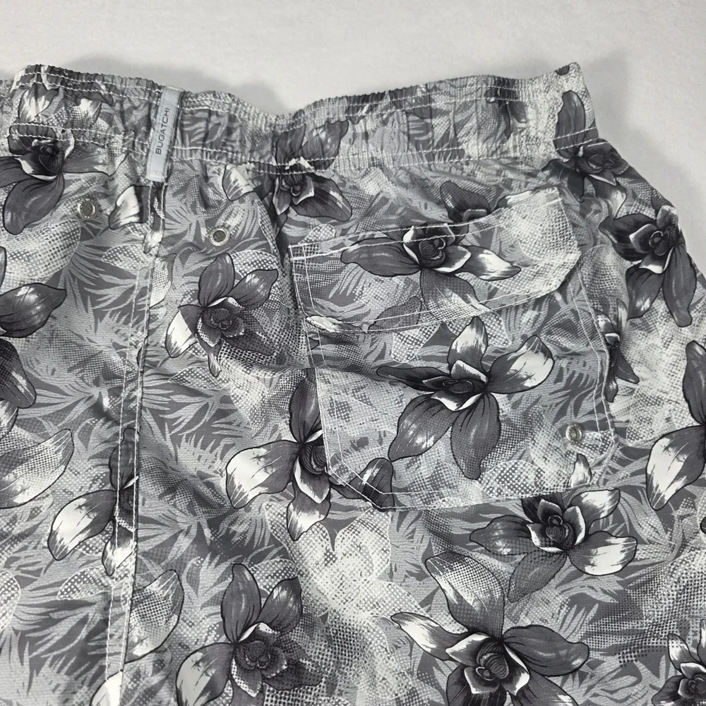 Bugatchi Mens XXL 40 Swim Trunks Orchid Floral Hawaiian‎ Black And White